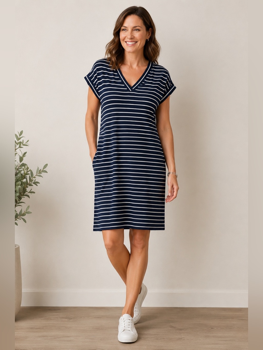 J. Jill Wearever Collection Striped T-Shirt Dress Large Petite Navy & White